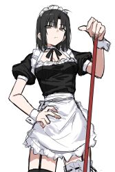 1girl apron black_hair black_necktie breasts choker cleavage cowboy_shot egomeshi highres kara_no_kyoukai looking_at_viewer maid maid_apron maid_headdress necktie ryougi_shiki short_sleeves solo thighhighs thighs