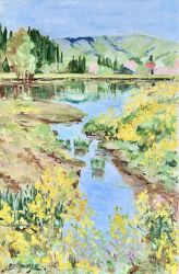 Rule 34 | blue sky, day, flower, forest, grass, highres, momo7rosemary, mountain, mountainous horizon, nature, no humans, original, outdoors, painting (medium), pastel (medium), pond, reeds, reflection, scenery, sky, traditional media, water, yellow flower