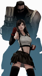 Rule 34 | 1boy, 1girl, arm cannon, barret wallace, black hair, black skirt, crop top, dark-skinned male, dark skin, fighting stance, final fantasy, final fantasy vii, final fantasy vii remake, gatling gun, gauss &lt;bokashi, highres, looking at viewer, male focus, pleated skirt, shaded face, skirt, smile, square enix, sunglasses, suspender skirt, suspenders, swept bangs, tank top, thighhighs, tifa lockhart, weapon, white background