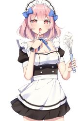 Rule 34 | 1girl, apron, black dress, blue bow, blue nails, blue ribbon, bow, breasts, cleavage, commentary request, cowboy shot, detached collar, dopushan, dress, hair bow, highres, holding, holding whisk, index finger raised, looking at viewer, maid apron, maid headdress, medium breasts, multicolored nails, open mouth, original, pink hair, pink nails, puffy short sleeves, puffy sleeves, ribbon, short hair, short sleeves, simple background, solo, tongue, tongue out, whisk, white background, yellow eyes