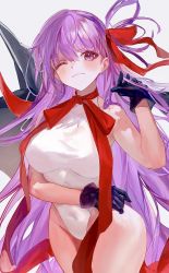 Rule 34 | 1girl, bare shoulders, bb (fate), bb (fate) (all), bb (swimsuit mooncancer) (fate), bb (swimsuit mooncancer) (third ascension) (fate), black coat, black gloves, blush, breasts, coat, fate/grand order, fate (series), gloves, hair ribbon, highleg, highleg leotard, large breasts, leotard, long hair, looking at viewer, neck ribbon, one eye closed, open clothes, open coat, popped collar, punu 26, purple eyes, purple hair, red ribbon, ribbon, smile, solo, thighs, very long hair, white leotard
