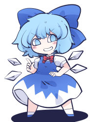 Rule 34 | 1girl, blue bow, blue dress, blue eyes, blue hair, blush stickers, bow, chahan (fried rice0614), cirno, collared shirt, detached wings, dress, fairy, full body, grin, hair bow, highres, ice, ice wings, one-hour drawing challenge, shirt, short hair, short sleeves, simple background, smile, solo, touhou, white background, white shirt, wings