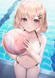 Rule 34 | 1girl, absurdres, ball, banned artist, bare arms, bare shoulders, beachball, bikini, black eyes, blonde hair, breasts, caustics, cleavage, collarbone, hair ornament, hairclip, halterneck, highres, hinaki (hinaki 0102), holding, large breasts, looking at viewer, mole, mole on breast, mole on thigh, mole under mouth, navel, original, parted lips, pool, short hair, solo, standing, stomach, swimsuit, thighs, water, white bikini