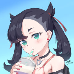 Rule 34 | 1girl, absurdres, asymmetrical bangs, black choker, black hair, blush, choker, collarbone, commentary request, creatures (company), cup, dated, dress, drinking, drinking straw, drinking straw in mouth, earrings, eyelashes, game freak, green eyes, hair ribbon, highres, holding, holding cup, jewelry, long hair, marnie (pokemon), nail polish, nintendo, off shoulder, pink dress, pokemon, pokemon swsh, red nails, red ribbon, ribbon, solo, twintails, upper body, weill