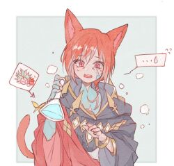 Rule 34 | 1boy, animal ears, bracelet, cat ears, cat tail, cloak, crystal exarch, fangs, final fantasy, final fantasy xiv, g&#039;raha tia, hood, hood down, hooded cloak, jewelry, male focus, material growth, miqo&#039;te, open mouth, red eyes, red hair, slit pupils, solo, tail, tladpwl03, vial, wide-eyed