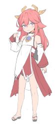 Rule 34 | 1girl, aged down, animal ears, blush, child, closed mouth, earrings, flat chest, full body, genshin impact, hand up, highres, jalm, jewelry, long sleeves, looking at viewer, obi, pink hair, purple eyes, sandals, sash, simple background, smile, solo, standing, white background, wide sleeves, yae miko