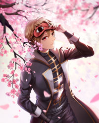 Rule 34 | 1boy, black cape, black pants, brown hair, cape, cherry blossoms, day, flower, gintama, hair between eyes, hand in pocket, heavenlove, highres, looking at viewer, male focus, mask, mask on head, okita sougo, outdoors, pants, pink flower, red eyes, solo, standing, uniform