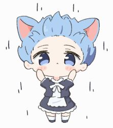 Rule 34 | 1boy, :&lt;, animal ears, animated, animated gif, apron, black dress, black footwear, blue eyes, blue hair, blush stickers, cat boy, cat ears, chibi, chibi only, closed mouth, commentary request, dress, extra ears, falling, looking at viewer, maid, maid apron, misskey.io, murakami-san (misskey.io), short hair, short sleeves, simple background, socks, solo, umihio, white apron, white background, white socks