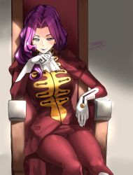 Rule 34 | 1girl, artist name, code geass, commentary request, cornelia li britannia, dated, gloves, highres, juliet sleeves, lipstick, long sleeves, makeup, pants, puffy sleeves, purple eyes, purple hair, purple lips, red pants, red shirt, shade, shirt, signature, sitting, solo, tachibana roku, throne, white gloves, white neckwear
