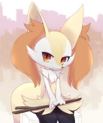 Rule 34 | 1girl, animal ear fluff, animal ears, blush, braixen, closed mouth, creatures (company), female focus, fox ears, fox tail, furry, furry female, game freak, gen 6 pokemon, happy, highres, holding, light blush, looking at viewer, navel, nintendo, pokemon, pokemon (creature), red eyes, simple background, sitting, smile, solo, stick, syuya, tail, v arms