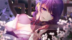 1girl bad_id bad_pixiv_id blurry blurry_background blurry_foreground breasts bridal_gauntlets cleavage commentary_request flower genshin_impact hair_ornament japanese_clothes kimono large_breasts long_hair looking_at_viewer mole mole_under_eye obiage open_mouth purple_eyes purple_flower purple_hair raiden_shogun ribbon smile solo tassel zhuchengbi