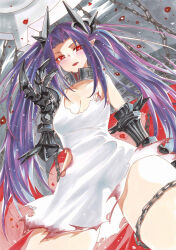 1girl adventure_galley_(azur_lane) azur_lane black_gauntlets breasts chain cleavage collar collarbone dress hand_up highres light_blush long_hair looking_at_viewer marker_(medium) medium_breasts metal_collar open_mouth parted_bangs pointy_ears purple_hair red_eyes short_dress sleeveless sleeveless_dress solo torn_clothes torn_dress traditional_media twintails uzuharu_(uduharu) white_dress