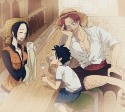 Rule 34 | 1girl, 2boys, age difference, indoors, long hair, looking at another, makino (one piece), monkey d. luffy, multiple boys, one piece, shanks (one piece), sitting, smile, tagme