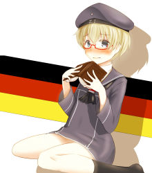 Rule 34 | 10s, 1girl, absurdres, bespectacled, blonde hair, blue eyes, blush, book, clothes writing, english text, german flag, german text, glasses, hat, highres, holding, holding book, kantai collection, long sleeves, neckerchief, red-framed eyewear, sailor collar, sailor hat, sekino takehiro, short hair, sitting, solo, z1 leberecht maass (kancolle)