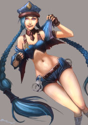 Rule 34 | 1girl, absurdres, badcompzero, badge, bare shoulders, blue hair, braid, breasts, cuffs, fingerless gloves, gloves, handcuffs, hat, highres, jinx (league of legends), league of legends, long hair, nail polish, navel, police, police hat, police uniform, purple eyes, signature, solo, thigh gap, twin braids, twintails, uniform, very long hair, wide hips