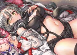 Rule 34 | 1girl, animal ears, arknights, bare shoulders, black scarf, black shorts, blue feathers, breasts, cat ears, ceylon (arknights), character doll, commentary request, crop top, feathers, hair between eyes, highres, jacket, long hair, long sleeves, lying, medium breasts, micro shorts, midriff, navel, nyamaso, off shoulder, on back, partial commentary, scarf, schwarz (arknights), shorts, silver hair, stomach, thighs, white jacket, yellow eyes