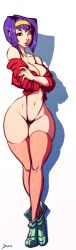 Rule 34 | 1990s (style), 1girl, absurdres, ankle boots, bikini, bob cut, boots, breasts, cleavage, clitoris, clitoris slip, cowboy bebop, cropped jacket, crossed arms, crossed legs, faye valentine, female focus, full body, green eyes, hairband, highres, jacket, large breasts, lips, lipstick, makeup, micro bikini, narrow waist, navel, off shoulder, parted lips, pink thighhighs, purple hair, pussy, pussy peek, red jacket, retro artstyle, short hair, simple background, slingshot swimsuit, solo, standing, sven (svenners), swimsuit, thick thighs, thigh gap, thighhighs, thighs, wide hips