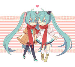 Rule 34 | 2girls, ahoge, aqua eyes, aqua hair, boots, dress, dual persona, full body, hatsune miku, heart, kneehighs, long hair, multiple girls, one eye closed, open mouth, pantyhose, scarf, shared clothes, shared scarf, smile, socks, striped, striped background, twintails, very long hair, vocaloid, yoshiki
