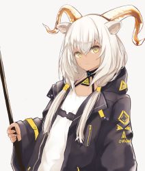 Rule 34 | 1girl, animal ears, arknights, beeswax (arknights), black coat, blouse, closed mouth, coat, commentary, expressionless, flat chest, goat ears, goat horns, hair between eyes, holding, holding staff, hood, hooded coat, horns, infection monitor (arknights), long hair, looking at viewer, shirt, silver hair, simple background, solo, staff, tokoi, twintails, upper body, white background, white shirt, wide sleeves, yellow eyes