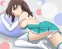Rule 34 | 10s, 1girl, ass, backless outfit, bad id, bad pixiv id, bare back, boots, breasts, brown hair, kyouno madoka, large breasts, legs, long legs, looking back, lying, marugoshi teppei, on stomach, open mouth, panties, pantyshot, rinne no lagrange, sideboob, skirt, solo, thigh boots, thighhighs, thighs, underwear, upskirt, white panties, white thighhighs