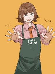 Rule 34 | 1girl, apron, brown eyes, brown hair, green apron, highres, koito231, looking at viewer, necktie, open mouth, orange background, original, pink shirt, red necktie, shirt, short hair, solo, standing, upper body