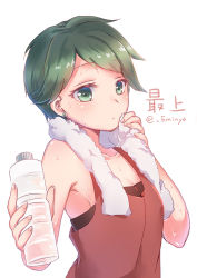 Rule 34 | 10s, 1girl, alternate costume, bare shoulders, bottle, character name, collarbone, earrings, emia wang, green eyes, green hair, jewelry, kantai collection, looking at viewer, matching hair/eyes, mogami (kancolle), short hair, simple background, sleeveless, solo, sweat, towel, towel around neck, twitter username, upper body, water bottle, white background