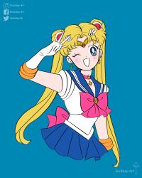 Rule 34 | 1girl, artist logo, bishoujo senshi sailor moon, blonde hair, blue background, blue eyes, blue sailor collar, blue skirt, bow, bowtie, choker, commentary, crescent, double bun, earrings, english commentary, facebook username, gloves, guibley33, hair bun, hair ornament, highres, instagram username, jewelry, long hair, looking at viewer, magical girl, one eye closed, pink bow, pink bowtie, sailor collar, sailor moon, sailor senshi uniform, simple background, skirt, solo, tiara, tsukino usagi, twintails, twitter username, v, white gloves