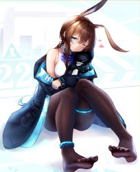 Rule 34 | 1girl, ;), absurdres, amiya (arknights), animal ear fluff, animal ears, anklet, arknights, ascot, bare shoulders, black coat, blue eyes, blush, brown hair, brown pantyhose, character doll, closed mouth, coat, convenient leg, copyright name, doctor (arknights), feet, glint, hasiki, heart, highres, hugging object, jacket, jewelry, knees up, long hair, long sleeves, looking at viewer, low ponytail, multiple rings, no shoes, off shoulder, one eye closed, open clothes, open coat, open jacket, pantyhose, purple ascot, rabbit ears, rhodes island logo (arknights), ring, shirt, sidelocks, sitting, smile, soles, solo, thighlet, toes, white shirt
