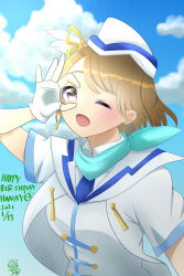 Rule 34 | 1girl, absurdres, artist name, artist request, blue neckwear, blue sky, blush, breasts, brown hair, cloud, collared shirt, day, earrings, feathers, female focus, fingerless gloves, gloves, hair between eyes, hat, hat feather, hat ribbon, highres, jewelry, koizumi hanayo, looking at viewer, love live!, love live! school idol project, medium breasts, mini hat, miniskirt, one eye closed, outdoors, parted lips, purple eyes, ribbon, sailor collar, shirt, short hair, short sleeves, skirt, sky, smile, solo, upper body, white feathers, white gloves, white hat, wonderful rush, yonaga22, yoruhanagai22
