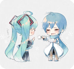 Rule 34 | 1boy, 1girl, ahoge, blue hair, blush, chibi, closed eyes, crying, daifuku, eyelashes, facing another, food, fork, green hair, hair ornament, hatsune miku, kaito (vocaloid), long coat, long hair, long sleeves, looking at another, mochi, niwako, open mouth, religious offering, scarf, shaking, short hair, simple background, sketch, skirt, sweatdrop, tearing up, tears, text focus, thighhighs, translated, trembling, twintails, upset, very long hair, vocaloid