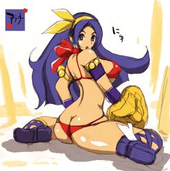 Rule 34 | 1girl, ass, athena (series), bikini, breasts, butt crack, feet, highres, large breasts, legs, lipstick, looking at viewer, makeup, oekaki, open mouth, princess athena, purple eyes, purple hair, red bikini, red lips, shield, sideboob, sitting, snk, swimsuit, thick thighs, thighs