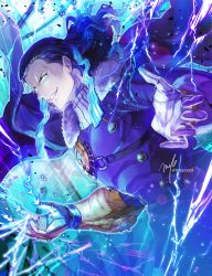 Rule 34 | 1boy, blue eyes, electricity, fate/grand order, fate (series), gloves, glowing, glowing eyes, gradient hair, long hair, male focus, mechanical arms, mepo (raven0), multicolored hair, nikola tesla (fate), signature, single mechanical arm, smirk, solo, twitter username