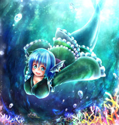 Rule 34 | 1girl, :d, aqua eyes, blue eyes, blue hair, breasts, bubble, cleavage, coral, fins, head fins, japanese clothes, kimono, large breasts, long sleeves, matching hair/eyes, mermaid, monster girl, obi, open mouth, sash, satoji (ochanomkmskry), short hair, smile, solo, swimming, touhou, underwater, wakasagihime, wide sleeves