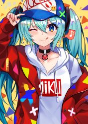 Rule 34 | 1girl, absurdres, aqua hair, bad id, bad pixiv id, black choker, blue eyes, blue nails, blush, character name, choker, collarbone, commentary, green nails, hair between eyes, hatsune miku, highres, hood, hoodie, jacket, long hair, looking at viewer, multicolored clothes, multicolored jacket, nail polish, nao (okt8538), one eye closed, orange nails, red jacket, smile, solo, tongue, tongue out, twintails, upper body, very long hair, vocaloid, white hoodie