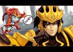 Rule 34 | 1boy, 1girl, armor, beancurd, blue eyes, blue skin, bruise, colored skin, gloves, helmet, highres, injury, jarvan iv (league of legends), league of legends, letterboxed, long hair, midriff, open mouth, red hair, shyvana, skull, tears