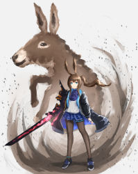 Rule 34 | 1girl, absurdres, amiya (arknights), animal ears, arknights, ascot, black footwear, black jacket, black pantyhose, blue ascot, blue eyes, blue skirt, brown hair, donkey, full body, glowing, glowing sword, glowing weapon, greentale (fegdgn), highres, holding, holding sword, holding weapon, hooves, jacket, jewelry, long hair, looking at viewer, multiple rings, open mouth, pantyhose, plaid, plaid skirt, pleated skirt, ponytail, rabbit ears, rabbit girl, ring, shirt, shoes, skirt, solo, sword, thighlet, weapon, white shirt