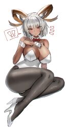 Rule 34 | !, !!, 1girl, absurdres, alternate costume, animal ears, arknights, ass, bare shoulders, between fingers, black pantyhose, bow, bowtie, breasts, card, card between fingers, carnelian (arknights), cleavage, commentary request, curled horns, dark-skinned female, dark skin, detached collar, full body, goat ears, goat girl, goat horns, grey hair, high heels, highres, holding, holding card, horn/wood, horns, large breasts, leotard, pantyhose, playboy bunny, red bow, red bowtie, red eyes, short hair, simple background, sitting, smile, solo, spoken exclamation mark, strapless, strapless leotard, thick thighs, thighs, white background, white footwear, white leotard, white wrist cuffs, wrist cuffs, yokozuwari