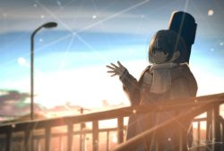 Rule 34 | 1girl, artist name, blue eyes, blue sky, blurry, blurry background, caede, coat, guitar, highres, instrument, lamppost, original, outdoors, railing, scarf, scenery, short hair, sky, solo, standing, sunlight, sunrise, white scarf