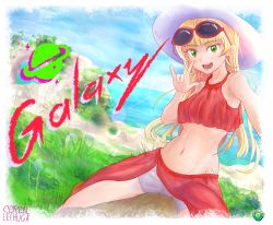 Rule 34 | 1girl, artist logo, artist name, blonde hair, blunt bangs, breasts, cerealxs, collarbone, english text, feet out of frame, grass, green eyes, hat, heanna sumire, highres, long hair, looking at viewer, love live!, love live! superstar!!, m/, navel, open mouth, outdoors, selfie, shorts, sidelocks, sleeveless, small breasts, smile, spread legs, sun hat, sunglasses, sunglasses on head, teeth, thighs, upper teeth only, white headwear, white shorts