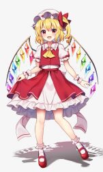 Rule 34 | 1girl, ascot, blonde hair, crystal, flandre scarlet, frilled skirt, frills, full body, hat, highres, mob cap, multicolored wings, one side up, red eyes, red footwear, red skirt, red vest, ribbon, ruhika, shadow, side ponytail, simple background, skirt, solo, standing, touhou, vest, white background, wings, yellow ascot