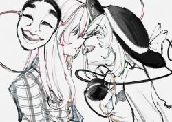 2girls absurdres commentary english_commentary from_side greyscale hat hat_ribbon hata_no_kokoro highres im_mo komeiji_koishi long_hair looking_at_another monochrome multiple_girls noh_mask ribbon short_hair simple_background third_eye touhou upper_body