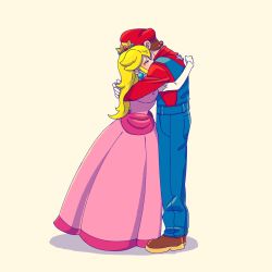 Rule 34 | 1boy, 1girl, beige background, blonde hair, blue overalls, brown footwear, brown hair, closed eyes, crown, dress, earrings, elbow gloves, eyelashes, from side, full body, gloves, hat, height difference, highres, hug, jewelry, long dress, long hair, long sleeves, mario, mario (series), nintendo, overalls, pink dress, pocket, princess, princess peach, puffy short sleeves, puffy sleeves, red headwear, red shirt, shadow, shirt, shoes, short sleeves, standing, super mario bros. 1, white gloves, zikurorobenzen