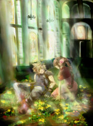 Rule 34 | 1boy, 1girl, aerith gainsborough, armor, bandaged arm, bandages, bangle, blonde hair, blue pants, blue shirt, boots, bracelet, braid, braided ponytail, brown hair, church, cloud strife, cropped jacket, dress, final fantasy, final fantasy vii, flower, flower bed, full body, gloves, hair between eyes, hair over one eye, hair ribbon, indoors, jacket, jewelry, kneeling, lily (flower), long dress, long hair, pants, parted lips, pink dress, pink ribbon, puffy short sleeves, puffy sleeves, reclining, red jacket, ribbon, shirt, short hair, short sleeves, shoulder armor, sleeveless, sleeveless shirt, smile, spiked hair, square enix, stained glass, sunlight, tomo (552252), yellow flower