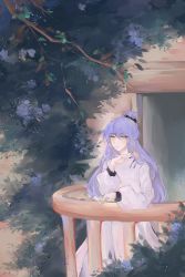 Rule 34 | 1girl, :/, absurdres, balcony, branch, chinese commentary, closed mouth, commentary request, dress, flower, hair bun, hand up, highres, holding, holding flower, long hair, long sleeves, muxilu, original, pink flower, solo, white dress, yellow eyes