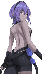 Rule 34 | 1girl, ass, back, black gloves, breasts, butt crack, dark-skinned female, dark skin, fate/prototype, fate/prototype: fragments of blue and silver, fate (series), fingerless gloves, gloves, hassan of serenity (fate), holding, holding weapon, looking at viewer, purple eyes, purple hair, shiseki hirame, solo, weapon, white background