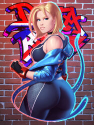 Rule 34 | ass, bare shoulders, blonde hair, blue eyes, brick wall, cammy white, entheighth, fingerless gloves, from behind, gloves, highres, huge ass, jacket, lips, long sleeves, looking back, pants, short hair, street fighter, street fighter 6