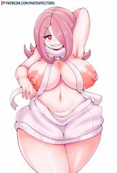 Rule 34 | 1girl, arm up, armpits, breasts, curvy, grin, highres, huge breasts, large areolae, large nipples, little witch academia, long hair, looking at viewer, nipples, pink hair, plump, red eyes, smile, solo, sucy manbavaran, sweater, thick thighs, thighs, wide hips
