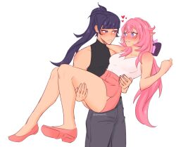 Rule 34 | 2girls, arm around neck, aurora (aurawra21), bare arms, bare legs, black shirt, blue eyes, bow, carrying, commentary, elysia (honkai impact), english commentary, eye contact, grey pants, hair bow, hand on another&#039;s thigh, hand on another&#039;s waist, heart, highres, honkai (series), honkai impact 3rd, long hair, looking at another, multiple girls, pants, parted lips, pink footwear, pink hair, pink skirt, pointy ears, ponytail, princess carry, purple bow, purple eyes, purple hair, raiden mei, shirt, simple background, skirt, sleeveless, sleeveless shirt, white background, white shirt, yuri