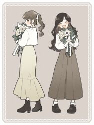 Rule 34 | 2girls, :d, ^ ^, ankle boots, ankle socks, blush, boots, bouquet, brown background, brown footwear, brown hair, brown skirt, closed eyes, closed mouth, commentary request, earrings, facing viewer, flower, full body, hair ribbon, hands up, head tilt, highres, holding, holding bouquet, jewelry, long hair, long skirt, long sleeves, looking at another, multiple girls, nahara saki, open mouth, original, ponytail, profile, ribbon, shoes, sideways glance, simple background, skirt, smile, socks, split mouth, standing, sweater, white flower, white ribbon, white socks, white sweater, yellow skirt