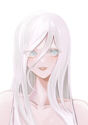 Rule 34 | 1girl, aia amare, blue eyes, blush, breasts, cleavage, collarbone, commentary, english commentary, hair between eyes, highres, long hair, looking to the side, medium breasts, mei (hiimeiree), nijisanji, nijisanji en, parted lips, portrait, small breasts, smile, solo, virtual youtuber, white background